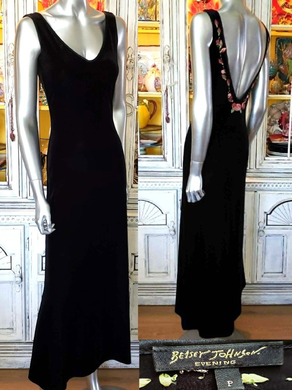 Vintage Betsey Johnson Slip Dress Evening 90s Black Velvet Backless Rose Floral